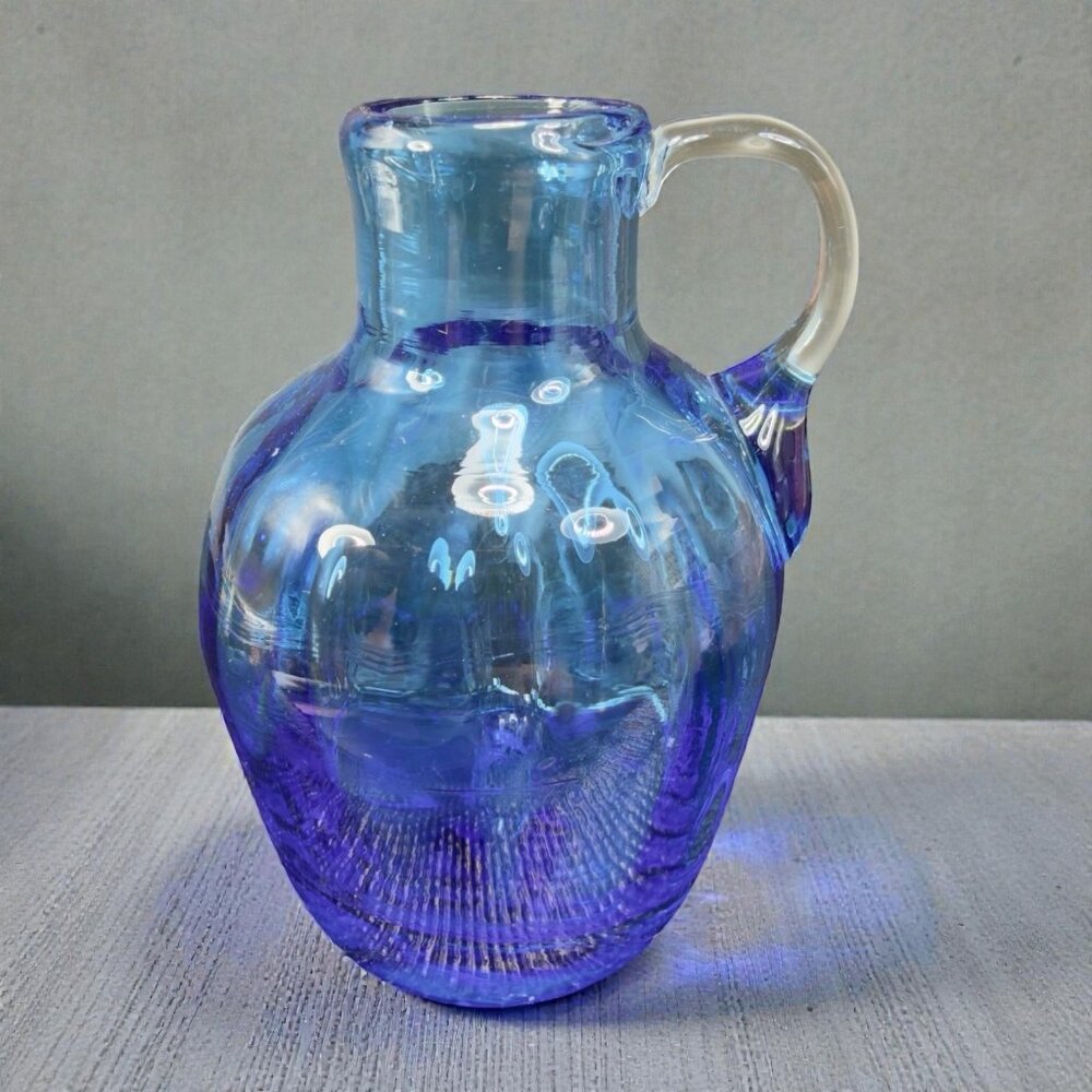 Vintage Blue Hand Blown Glass‎ Mini Pitcher Vase Pitcher Jug With Clear Handle